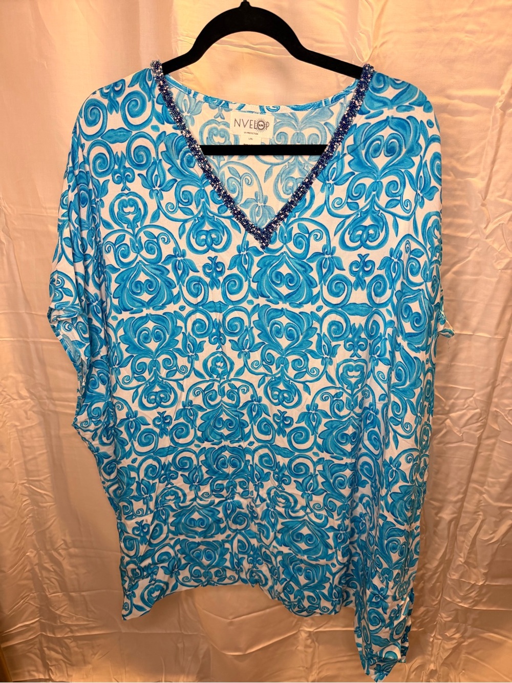 Blue & White V-Neck Beaded Swim Cover-Up